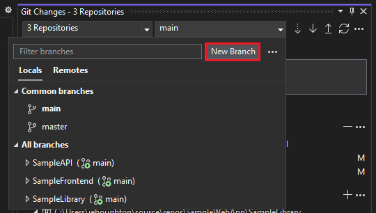 Screenshot del pulsante Nuovo ramo in Visual Studio.