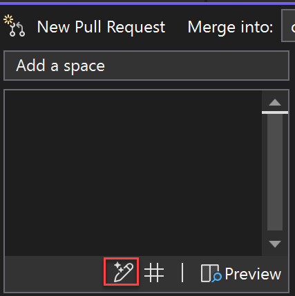 Screenshot dell'icona della penna sparkly per richiedere che GitHub Copilot generi una descrizione della richiesta pull.