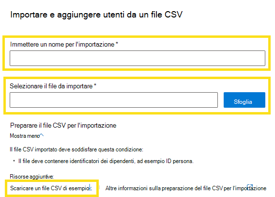 Screenshot che mostra come importare nuovi utenti da un file CSV.