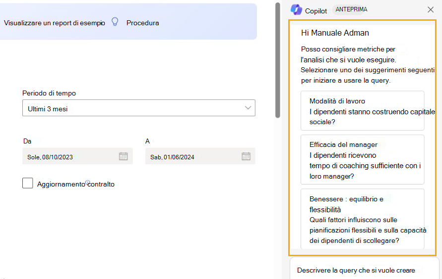 Screenshot che mostra le domande consigliate da Copilot per configurare la query