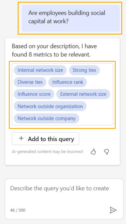 Screenshot che mostra le metriche consigliate da Copilot per configurare la query