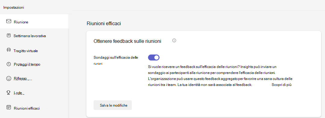 Screenshot che mostra la scheda Riunioni valide in Impostazioni con i sondaggi sull'efficacia delle riunioni attivati.