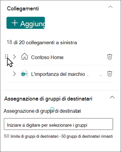 Screenshot del riquadro Proprietà collegamenti rapidi che mostra dove è possibile gestire i collegamenti e la destinazione del gruppo di destinatari.