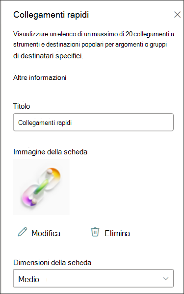 Screenshot del riquadro Proprietà collegamenti rapidi che mostra le opzioni di personalizzazione della scheda.