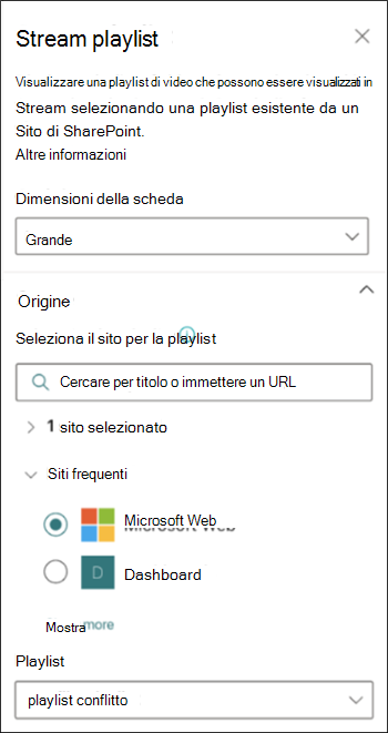 Screenshot del riquadro delle proprietà della playlist Stream che mostra le opzioni per la selezione di un'origine da SharePoint