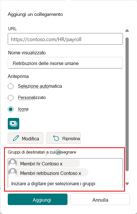 Screenshot del menu delle proprietà del collegamento alle risorse con i gruppi di destinatari al campo di destinazione evidenziati.