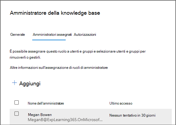 Pagina Ruoli nel interfaccia di amministrazione di Microsoft 365 che mostra il pannello Amministratore conoscenze per aggiungere un utente.