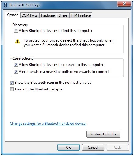 Screenshot della scheda Opzioni nella finestra di dialogo Impostazioni Bluetooth, che mostra la casella di controllo 