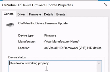 finestra delle proprietà di aggiornamento del firmware del dispositivo nascosto virtuale cfu.