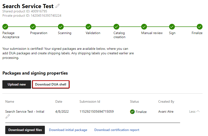 Screenshot che mostra il pulsante di download DUA per un invio di driver