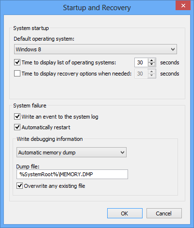 Screenshot della finestra di dialogo Startup and Recovery in Windows Pannello di controllo.