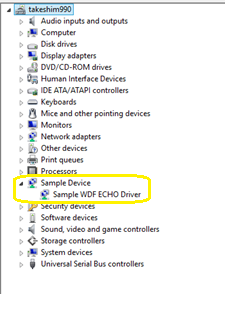 Screenshot dell'albero Gestione dispositivi che evidenzia il driver echo WDF di esempio.