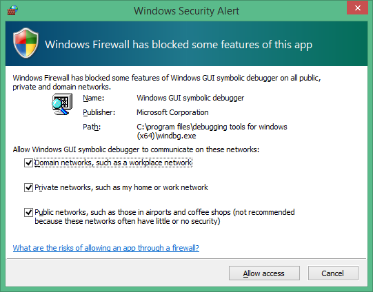 Screenshot di Sicurezza di Windows Avviso che indica che Windows Firewall ha bloccato alcune funzionalità di un'app.