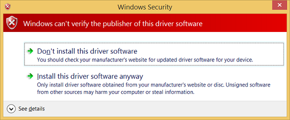 Screenshot dell'avviso di sicurezza visualizzato durante il processo di installazione del driver.