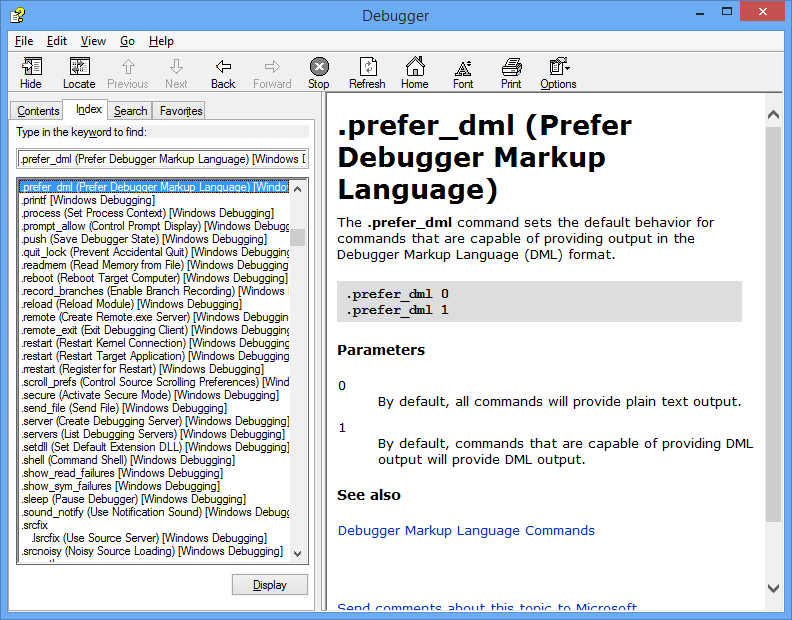 Screenshot dell'applicazione della Guida del debugger che mostra la Guida per il comando .prefer-dml.