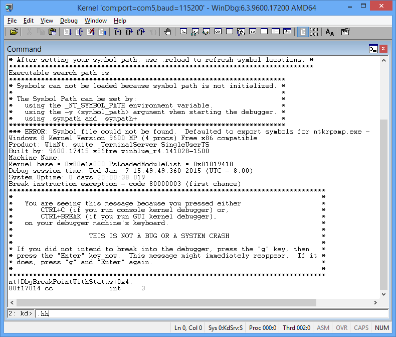 Screenshot di Windows Debugger che mostra l'output della finestra di comando da una connessione kernel dinamica.