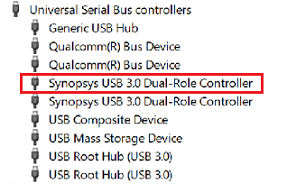 Screenshot di Gestione dispositivi che mostra il nodo USB con Synopsys USB 3.0 Dual-Role Controller evidenziato.