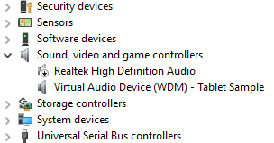 Screenshot dell'albero Gestione dispositivi con l'esempio di tablet del dispositivo audio virtuale evidenziato.