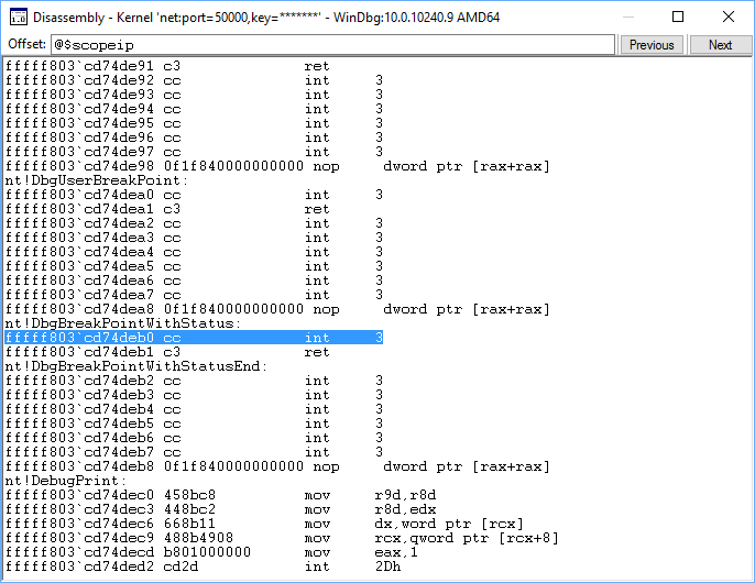 Screenshot della finestra disassembly di WinDbg che mostra il codice del linguaggio dell'assembly.