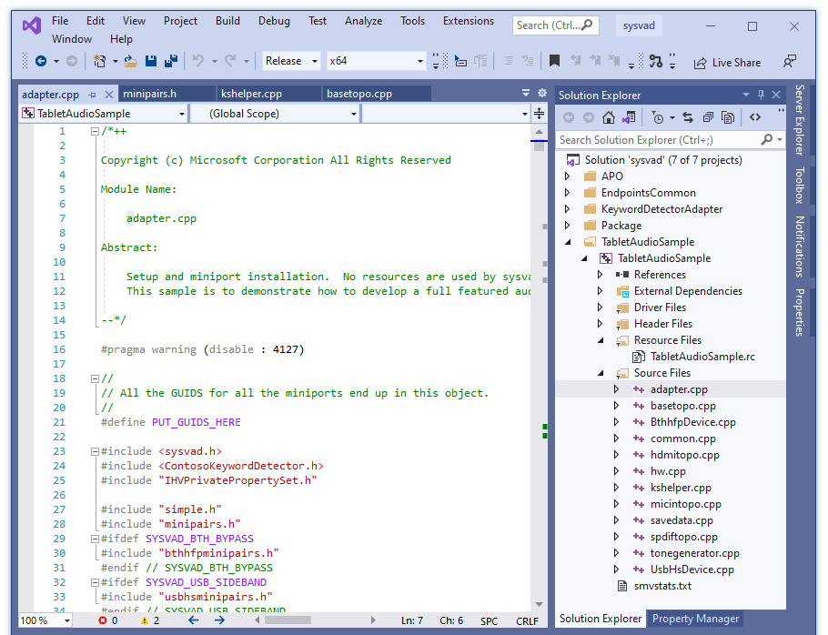 Screenshot di Visual Studio con il file adapter.cpp caricato dal progetto Sysvad.