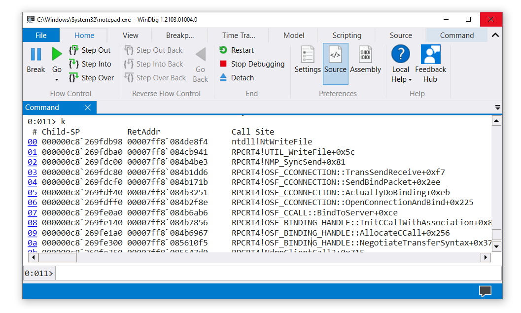 Screenshot di una traccia dello stack in WinDbg.