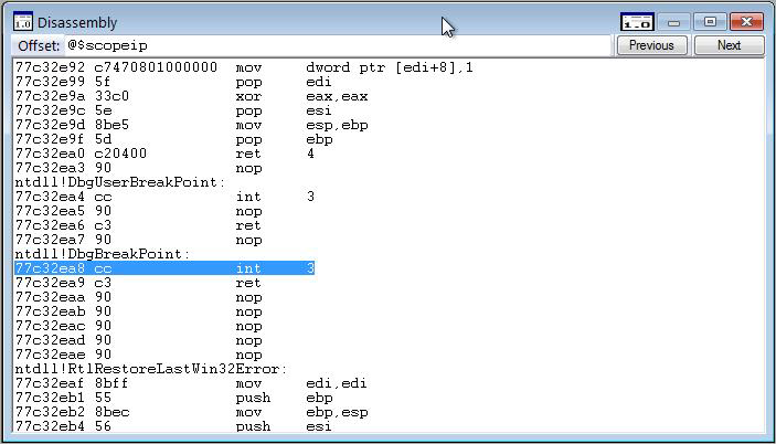 Screenshot della finestra Disassembly in WinDbg.