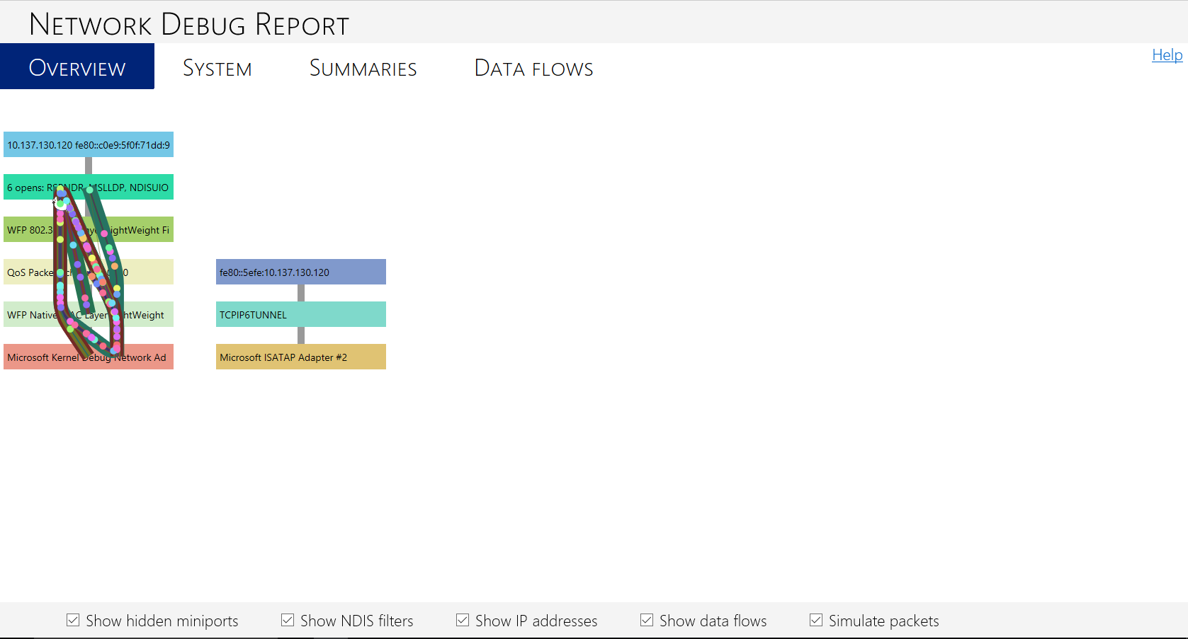 Screenshot di un report di debug di rete generato da un sistema attivo.