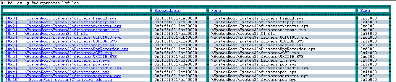 Screenshot dell'output del comando dx -g @$curprocess.modules, che mostra l'output della griglia a colonne.