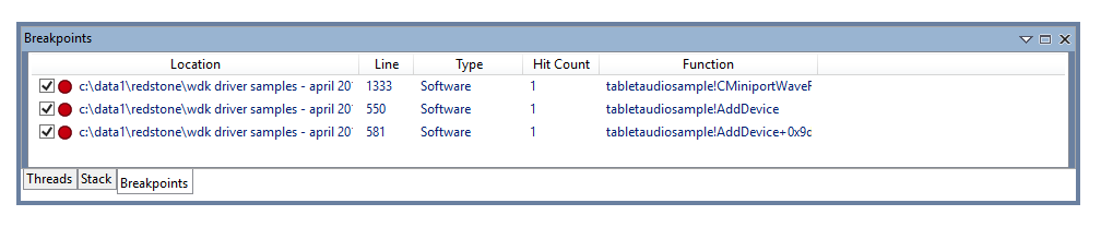 Screenshot della finestra del punto di interruzione nel debugger WinDbg che mostra i punti di interruzione correnti.