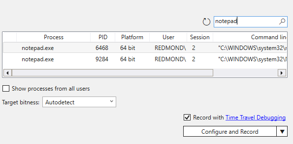 Screenshot del menu del record di processo in WinDbg con un processo blocco note selezionato per la registrazione.