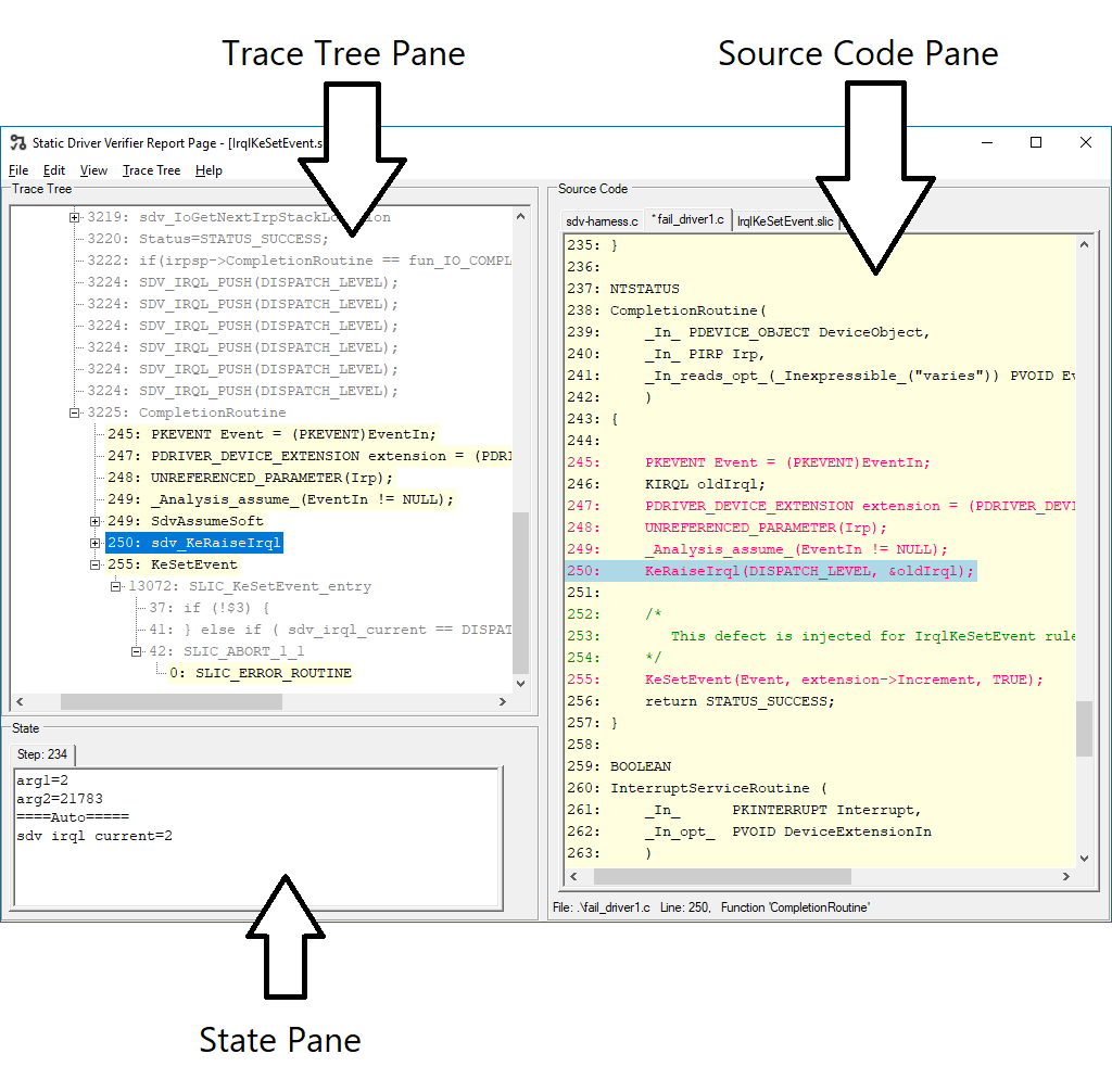 Screenshot della finestra Visualizzatore difetti che mostra i riquadri Trace-Tree, Source-Code e Results.