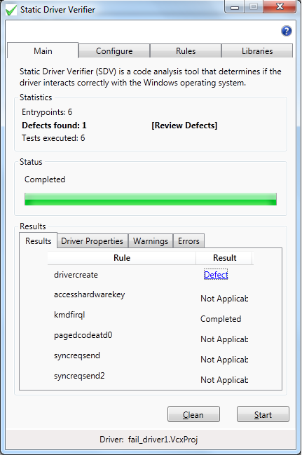 Screenshot del riepilogo risultati in Visual Studio dopo l'esecuzione di Static Driver Verifier.