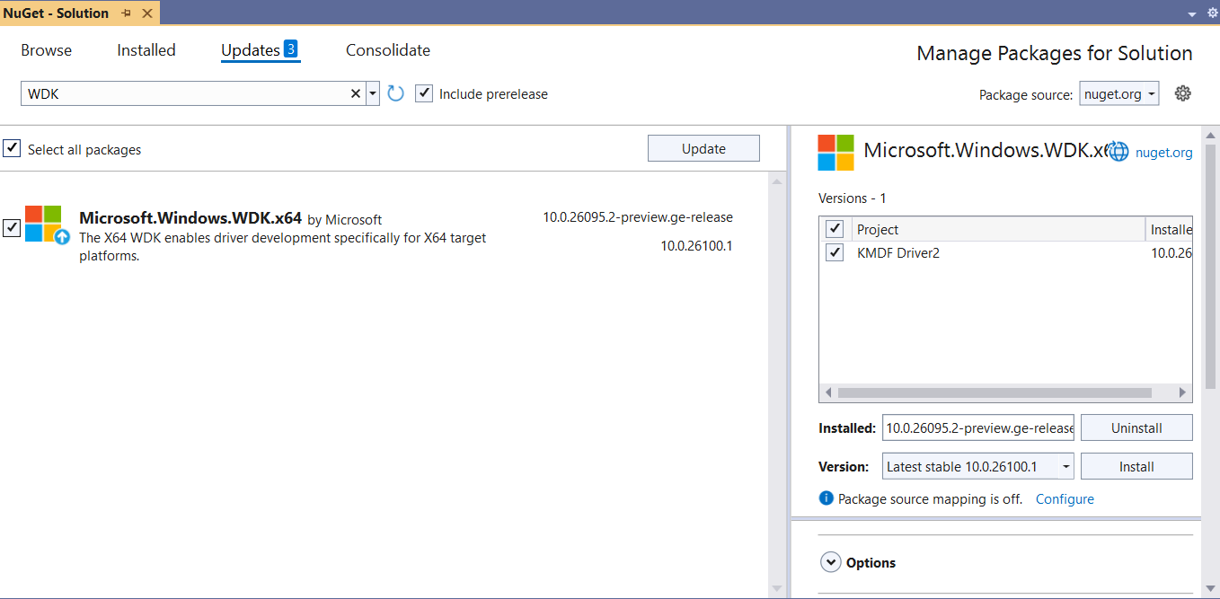 screenshot dell'aggiornamento dei pacchetti NuGet di Visual Studio con pacchetti WDK e WDK