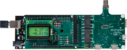 Immagine di USB Type-C ConnEx con 4.27 V e -0.017A sullo schermo LCD.