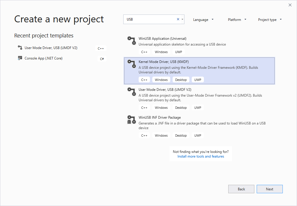 Opzioni del nuovo progetto di Visual Studio.