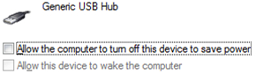 Screenshot della scheda risparmio energia per l'hub USB generico in Windows Gestione dispositivi.