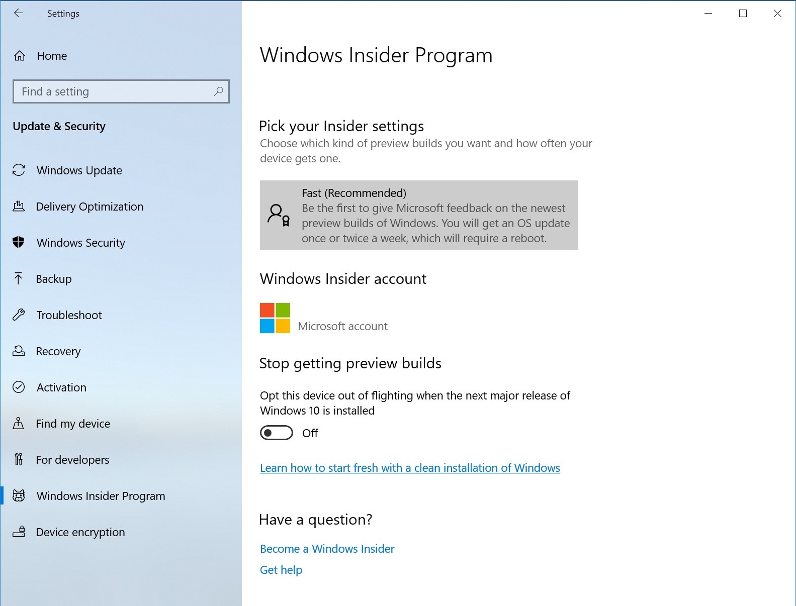 Pagina delle impostazioni del programma Windows Insider più semplice.