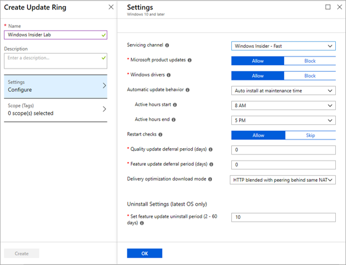 Impostazioni anello di aggiornamento di Intune