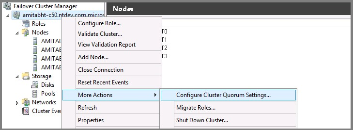 Screenshot del menu a discesa nell'interfaccia utente di Gestione cluster di failover che consente di configurare le impostazioni quorum del cluster.