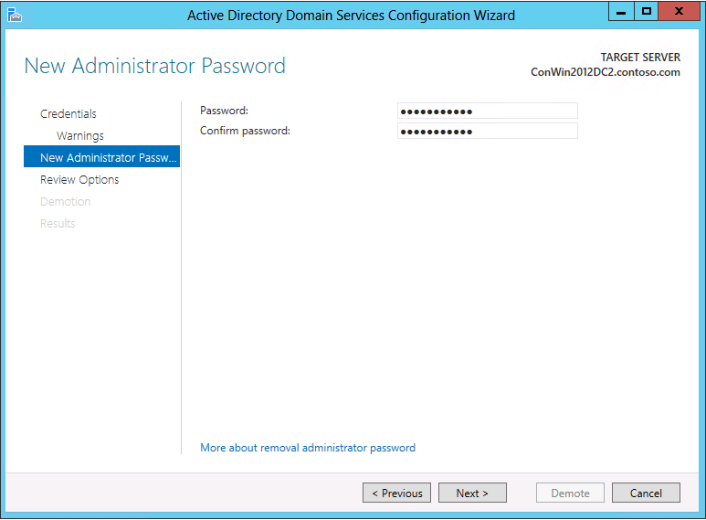 Screenshot della nuova pagina Password amministratore della configurazione guidata Dominio di Active Directory Services.