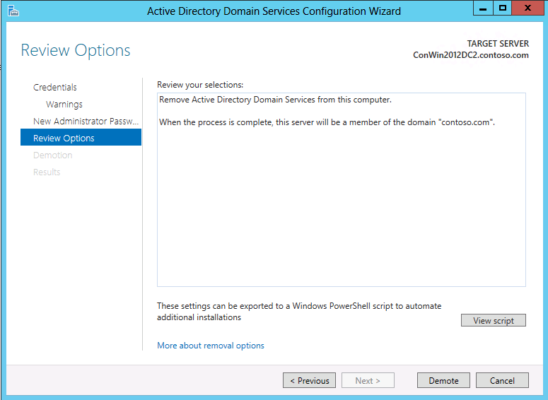 Screenshot della pagina delle opzioni di revisione finale della configurazione guidata Dominio di Active Directory Services.