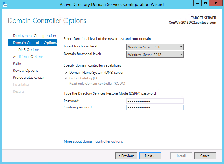 Screenshot della pagina Opzioni controller di dominio della Configurazione guidata Dominio di Active Directory Services che mostra le opzioni visualizzate quando si crea una nuova foresta.