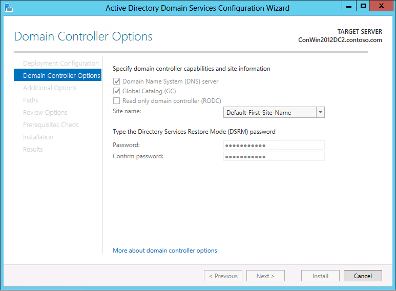 Screenshot della pagina Opzioni controller di dominio della Configurazione guidata Dominio di Active Directory Services che mostra le opzioni visualizzate quando si aggiunge un controller di dominio a un dominio.