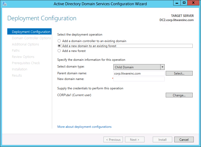 Screenshot della pagina Configurazione distribuzione della configurazione guidata Dominio di Active Directory Services che mostra le opzioni visualizzate quando si crea un nuovo dominio.