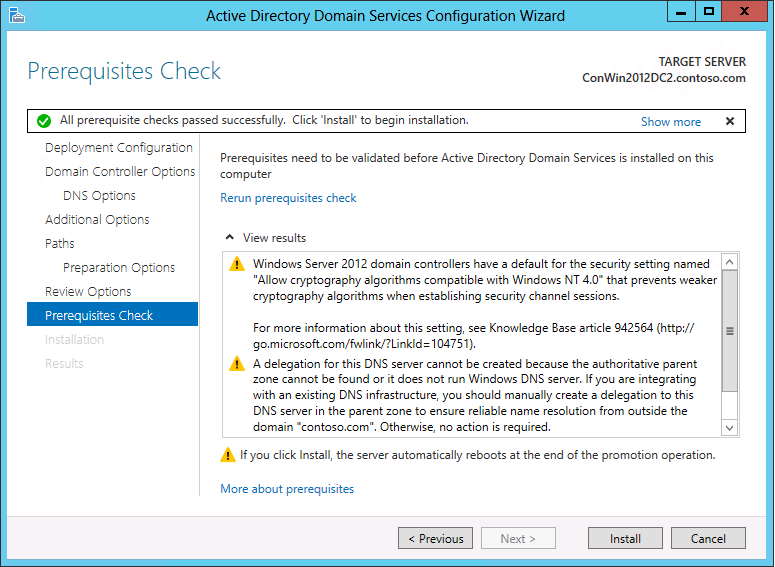 Screenshot della pagina Controllo prerequisiti della configurazione guidata Dominio di Active Directory Services.