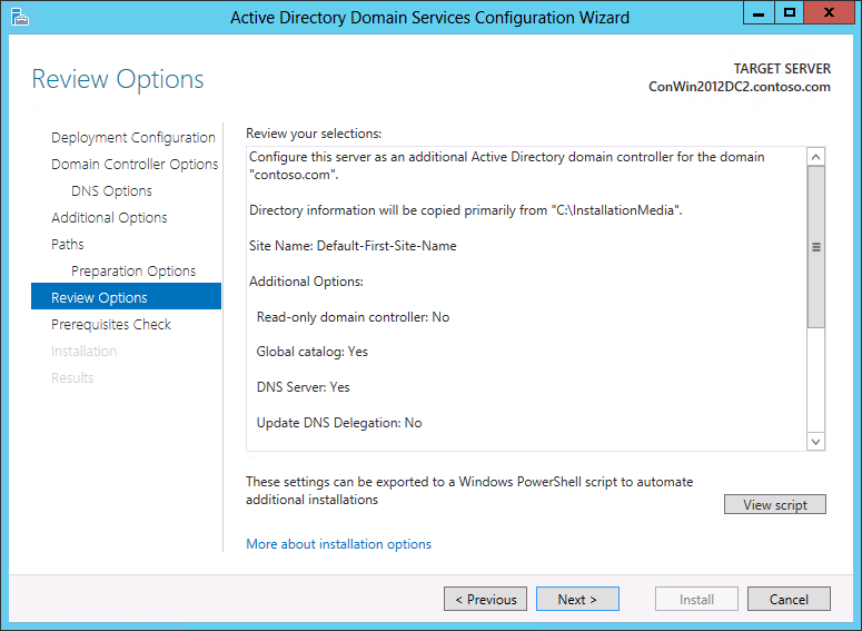 Screenshot della pagina Verifica opzioni della configurazione guidata Dominio di Active Directory Services.