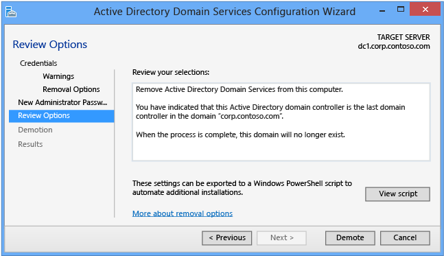 Configurazione guidata Dominio di Active Directory Services - Opzioni di revisione