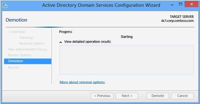 Configurazione guidata Dominio di Active Directory Services - Abbassamento di livello in corso