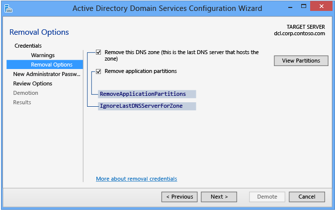 Configurazione guidata Dominio di Active Directory Servizi - Credenziali Rimuovi partizioni DNS e applicazione