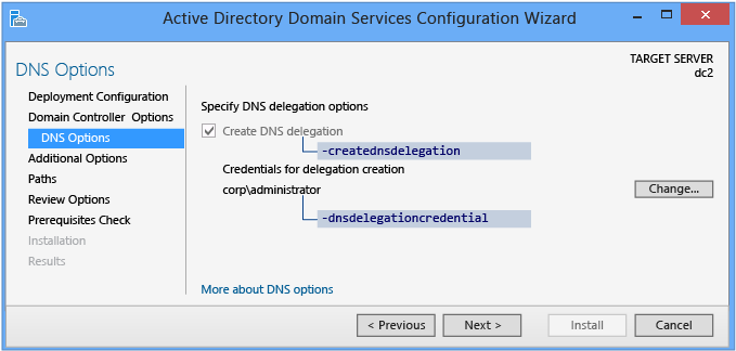 Screenshot che mostra la pagina Opzioni DNS nella configurazione guidata Dominio di Active Directory Services.